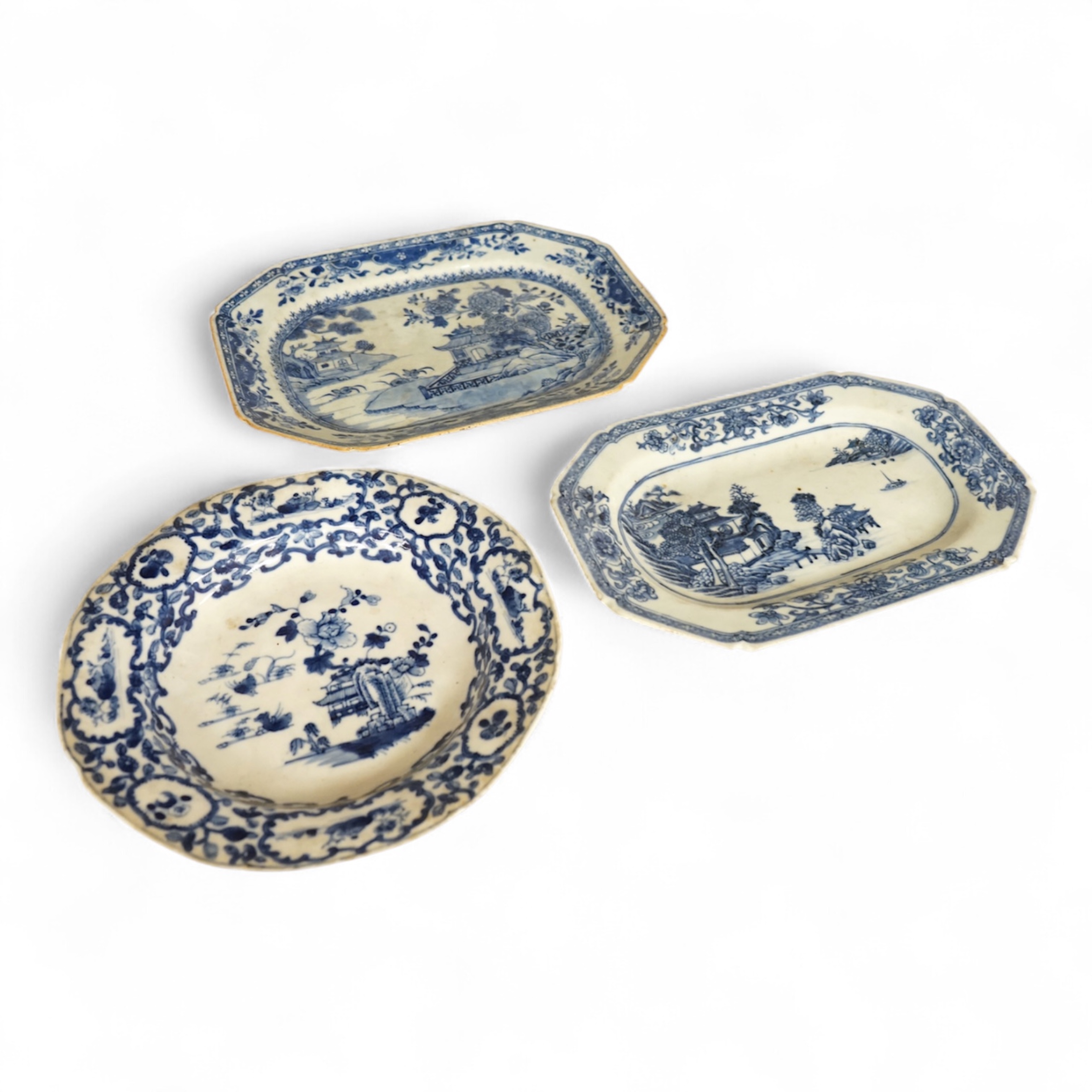 Two 18th century Chinese blue and white dishes and a similar plate, largest 29cm